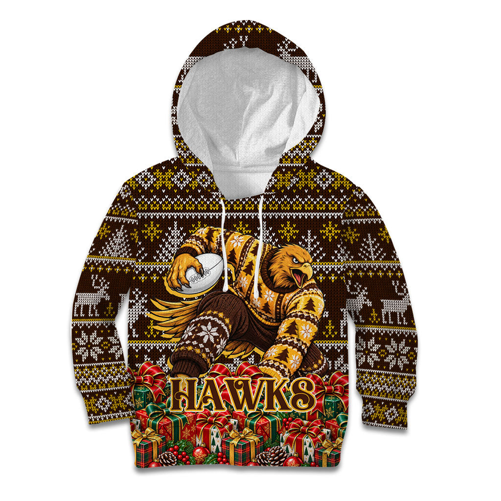 Personalized Hawks Football Christmas Kid Hoodie Australian Football Mascot - Ugly Xmas Pattern Festive