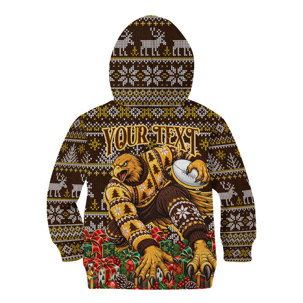 Personalized Hawks Football Christmas Kid Hoodie Australian Football Mascot - Ugly Xmas Pattern Festive