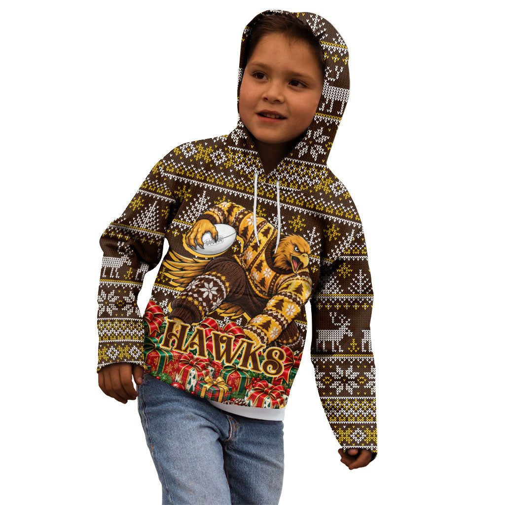 Personalized Hawks Football Christmas Kid Hoodie Australian Football Mascot - Ugly Xmas Pattern Festive