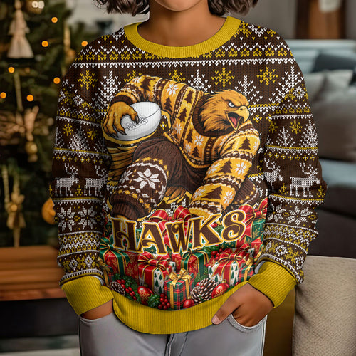 Personalized Hawks Football Christmas Kid Ugly Christmas Sweater Australian Football Mascot - Ugly Xmas Pattern Festive