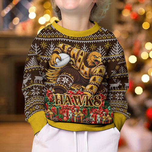 Personalized Hawks Football Christmas Kid Ugly Christmas Sweater Australian Football Mascot - Ugly Xmas Pattern Festive
