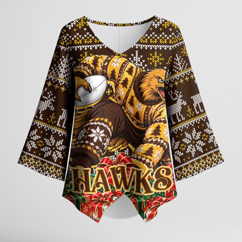 Personalized Hawks Football Christmas Kimono Sleeve Blouse Australian Football Mascot - Ugly Xmas Pattern Festive