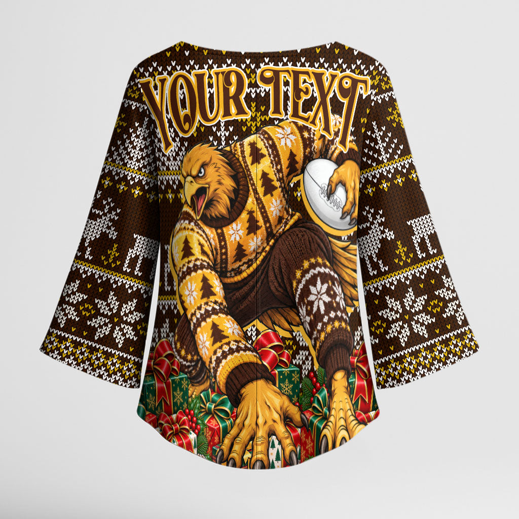Personalized Hawks Football Christmas Kimono Sleeve Blouse Australian Football Mascot - Ugly Xmas Pattern Festive