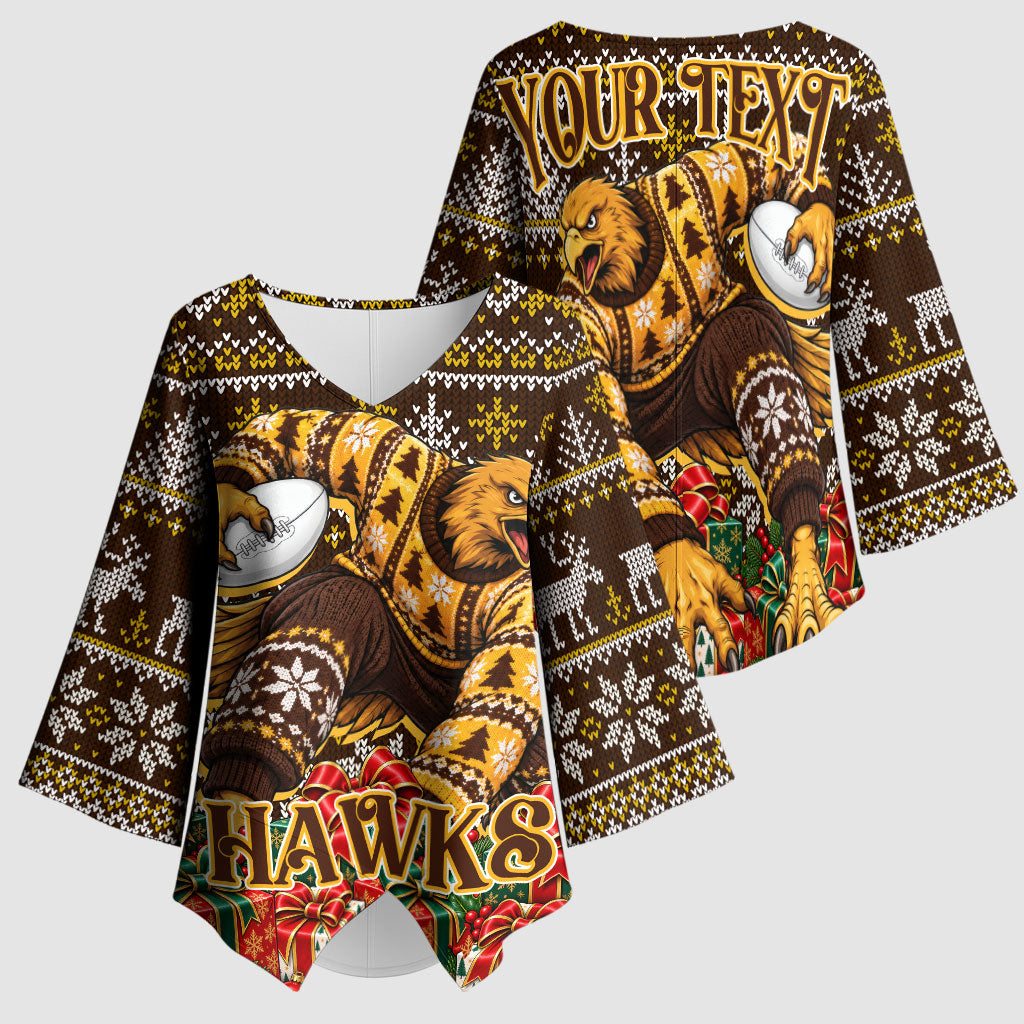 Personalized Hawks Football Christmas Kimono Sleeve Blouse Australian Football Mascot - Ugly Xmas Pattern Festive