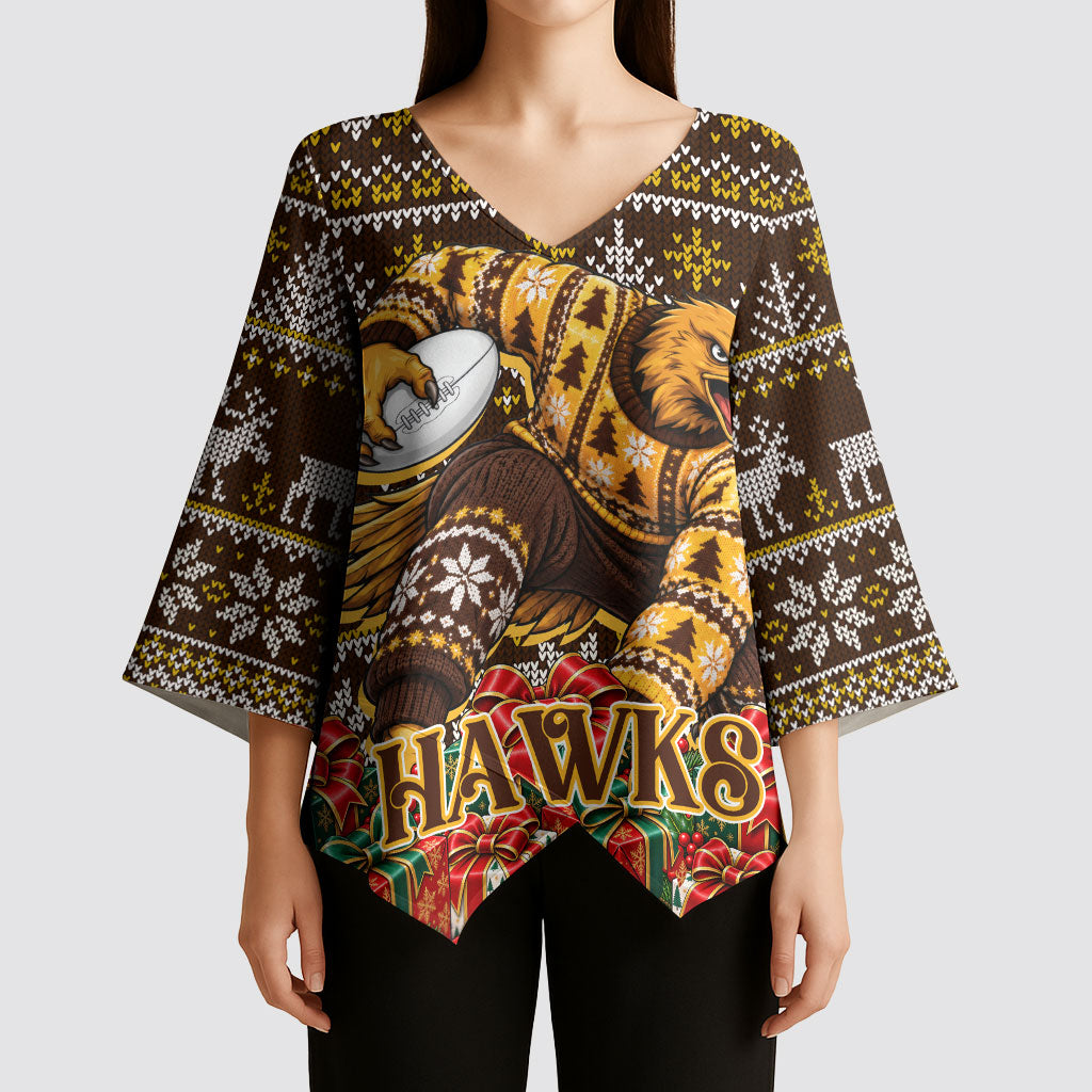 Personalized Hawks Football Christmas Kimono Sleeve Blouse Australian Football Mascot - Ugly Xmas Pattern Festive