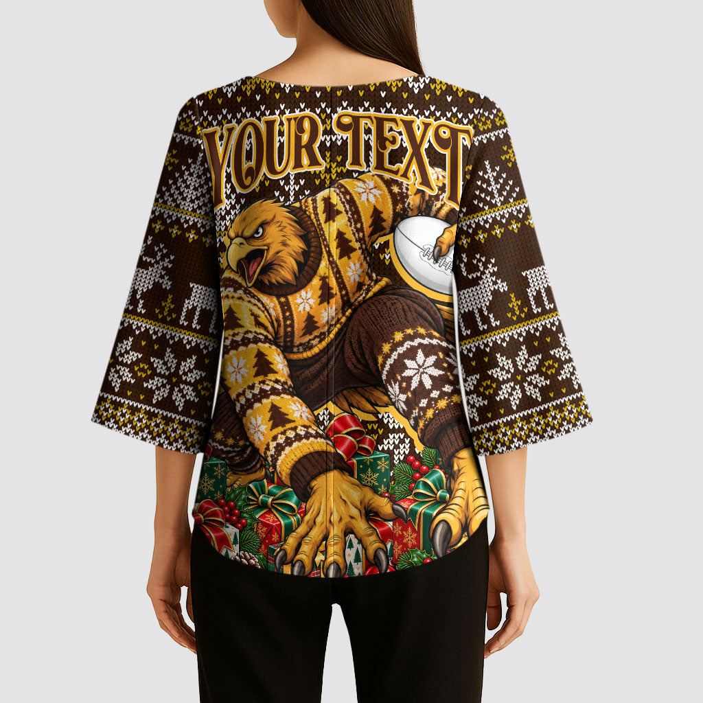 Personalized Hawks Football Christmas Kimono Sleeve Blouse Australian Football Mascot - Ugly Xmas Pattern Festive