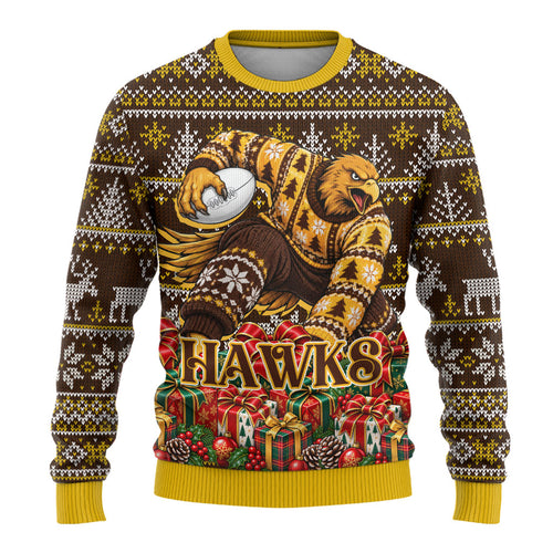 Personalized Hawks Football Christmas Ugly Christmas Sweater Australian Football Mascot - Ugly Xmas Pattern Festive