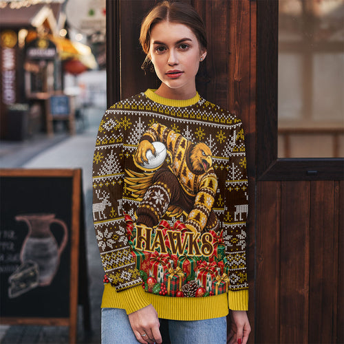 Personalized Hawks Football Christmas Ugly Christmas Sweater Australian Football Mascot - Ugly Xmas Pattern Festive