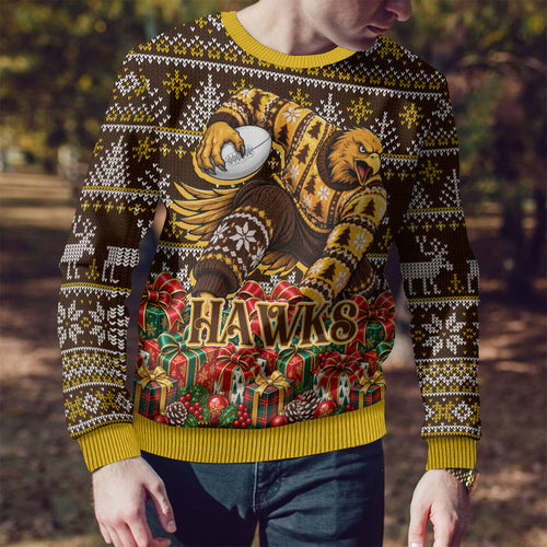 Personalized Hawks Football Christmas Ugly Christmas Sweater Australian Football Mascot - Ugly Xmas Pattern Festive