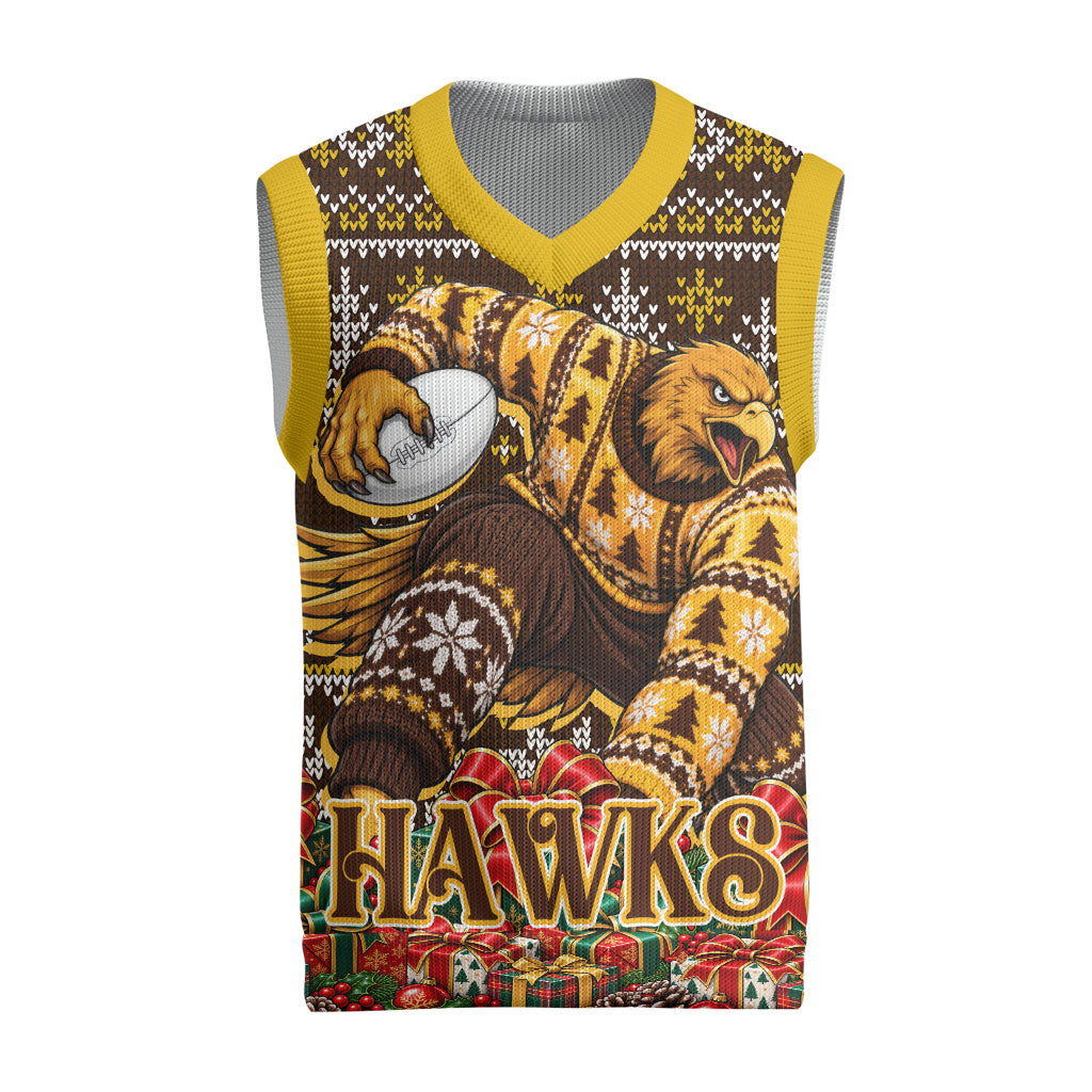 Personalized Hawks Football Christmas Knitted V-Neck Vest Australian Football Mascot - Ugly Xmas Pattern Festive