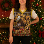 Personalized Hawks Football Christmas Knitted V-Neck Vest Australian Football Mascot - Ugly Xmas Pattern Festive