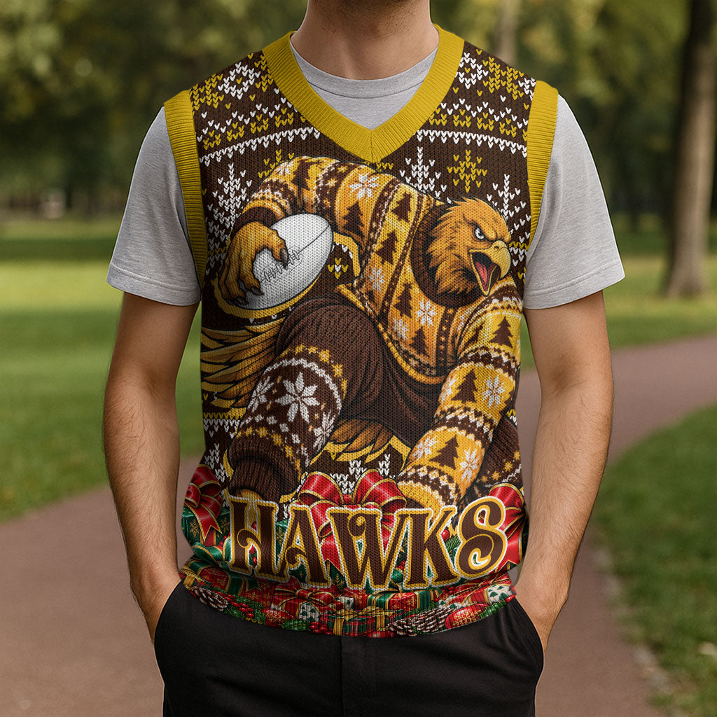 Personalized Hawks Football Christmas Knitted V-Neck Vest Australian Football Mascot - Ugly Xmas Pattern Festive