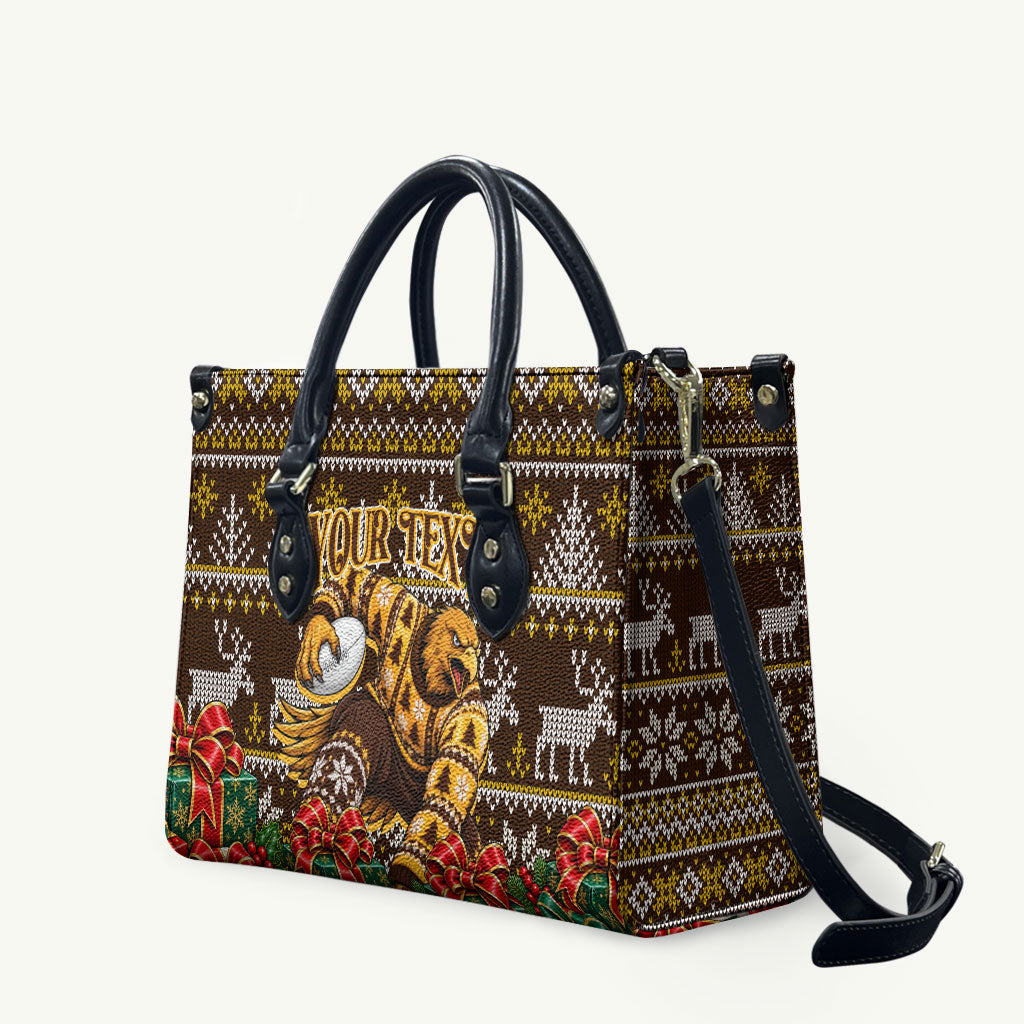 Personalized Hawks Football Christmas Leather Bag Australian Football Mascot - Ugly Xmas Pattern Festive