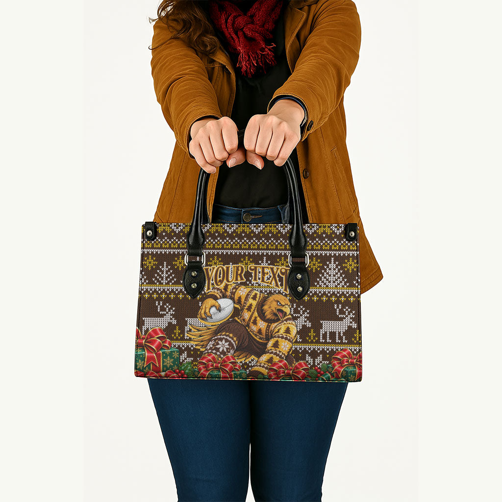 Personalized Hawks Football Christmas Leather Bag Australian Football Mascot - Ugly Xmas Pattern Festive