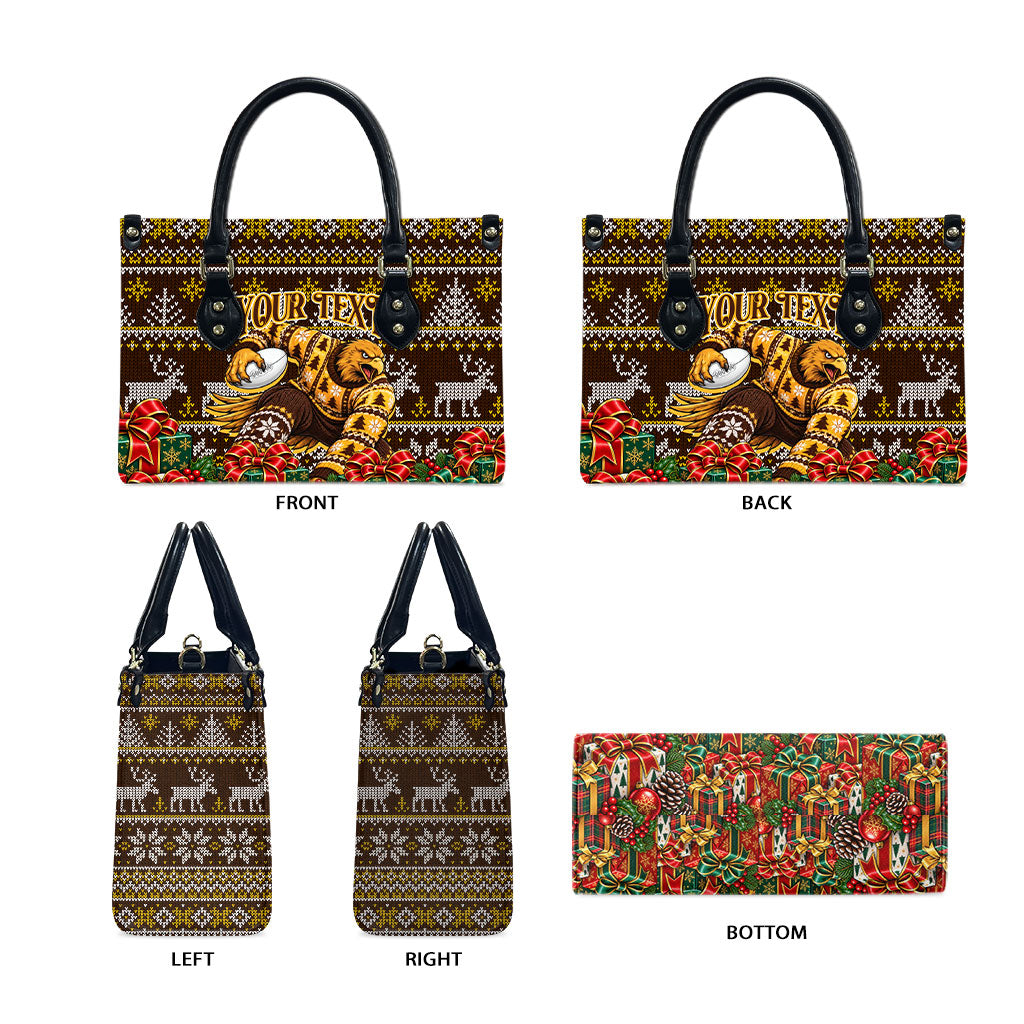 Personalized Hawks Football Christmas Leather Bag Australian Football Mascot - Ugly Xmas Pattern Festive