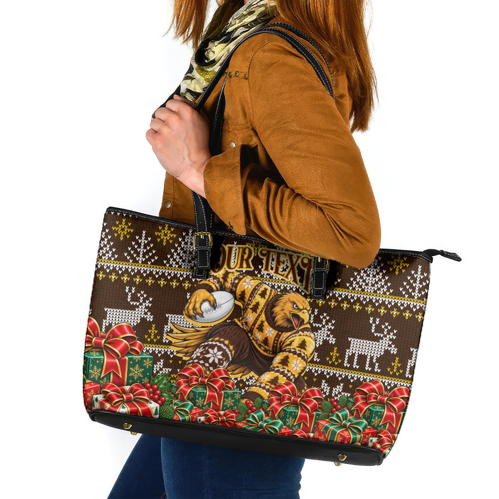 Personalized Hawks Football Christmas Leather Tote Bag Australian Football Mascot - Ugly Xmas Pattern Festive