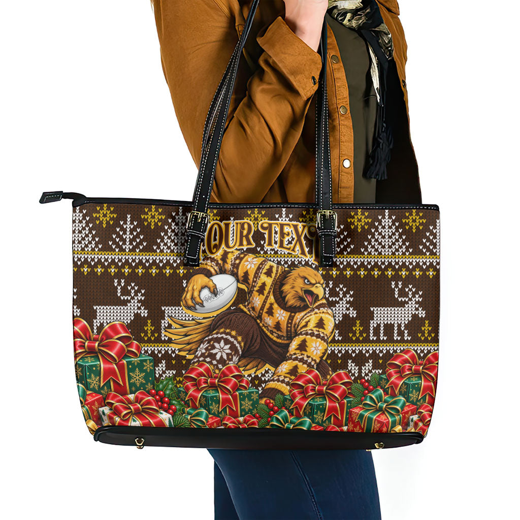 Personalized Hawks Football Christmas Leather Tote Bag Australian Football Mascot - Ugly Xmas Pattern Festive