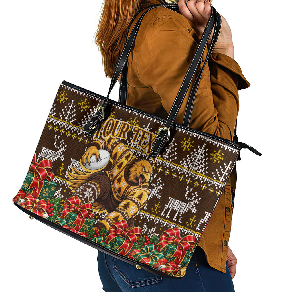 Personalized Hawks Football Christmas Leather Tote Bag Australian Football Mascot - Ugly Xmas Pattern Festive