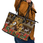 Personalized Hawks Football Christmas Leather Tote Bag Australian Football Mascot - Ugly Xmas Pattern Festive