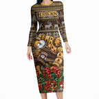 Personalized Hawks Football Christmas Long Sleeve Bodycon Dress Australian Football Mascot - Ugly Xmas Pattern Festive