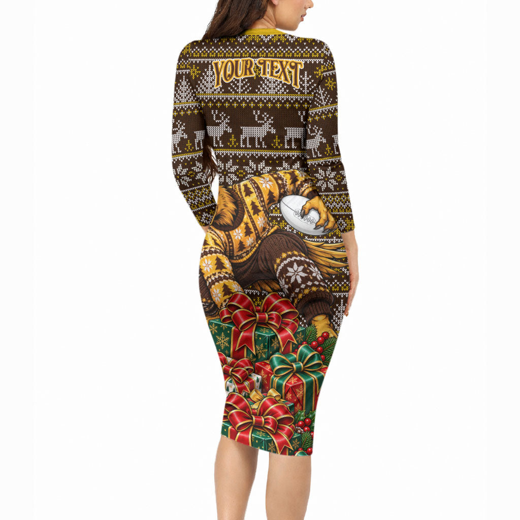 Personalized Hawks Football Christmas Long Sleeve Bodycon Dress Australian Football Mascot - Ugly Xmas Pattern Festive