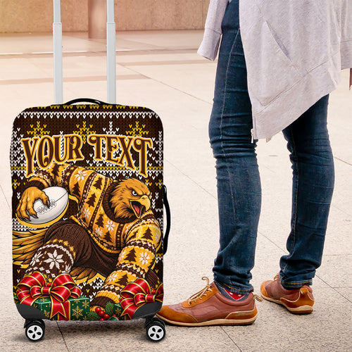 Personalized Hawks Football Christmas Luggage Cover Australian Football Mascot - Ugly Xmas Pattern Festive