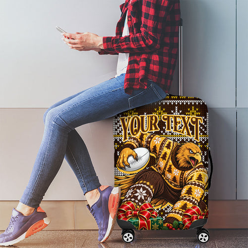 Personalized Hawks Football Christmas Luggage Cover Australian Football Mascot - Ugly Xmas Pattern Festive