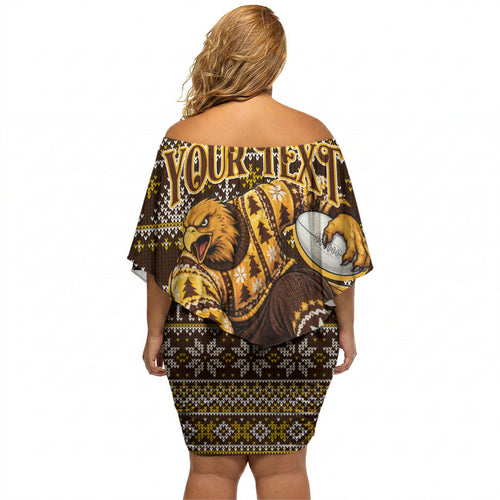 Personalized Hawks Football Christmas Off Shoulder Short Dress Australian Football Mascot - Ugly Xmas Pattern Festive