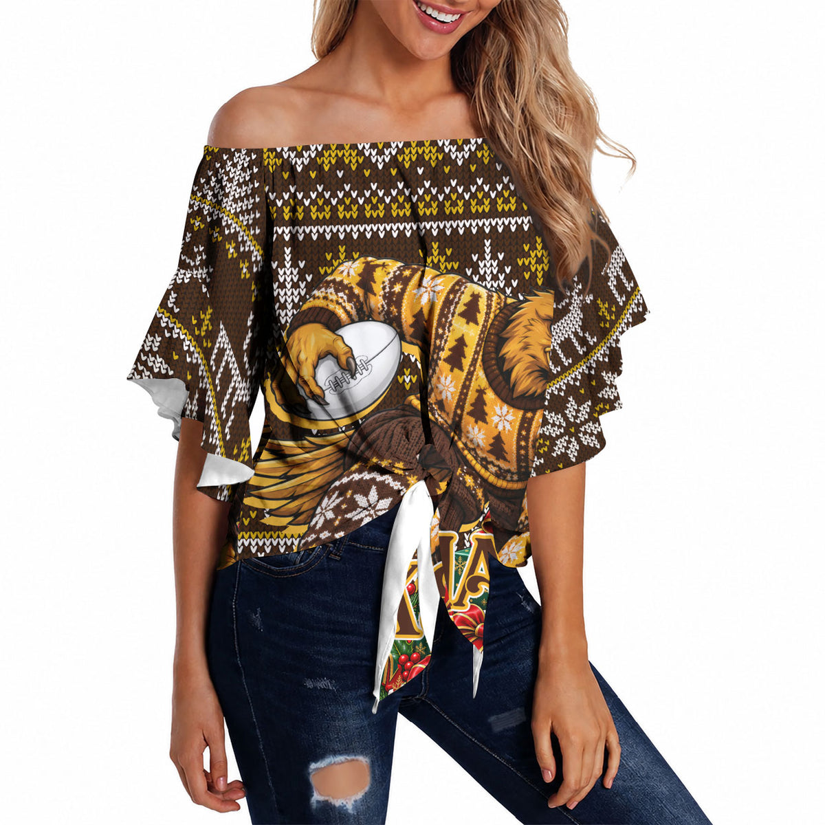 Personalized Hawks Football Christmas Off Shoulder Wrap Waist Top Australian Football Mascot - Ugly Xmas Pattern Festive