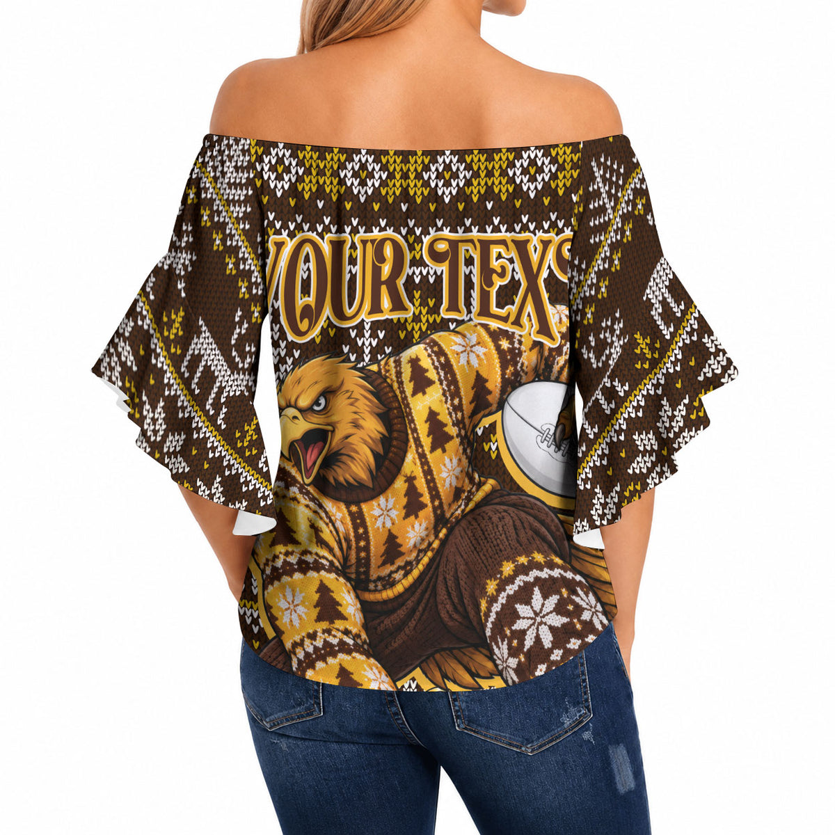 Personalized Hawks Football Christmas Off Shoulder Wrap Waist Top Australian Football Mascot - Ugly Xmas Pattern Festive