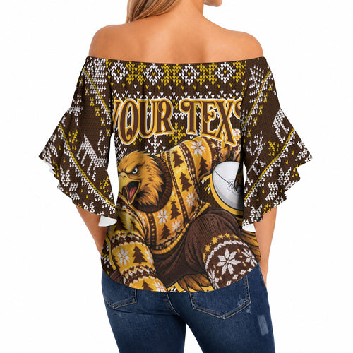 Personalized Hawks Football Christmas Off Shoulder Wrap Waist Top Australian Football Mascot - Ugly Xmas Pattern Festive