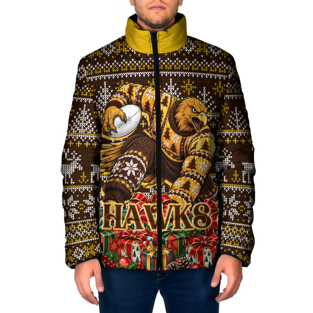 Personalized Hawks Football Christmas Padded Jacket Australian Football Mascot - Ugly Xmas Pattern Festive