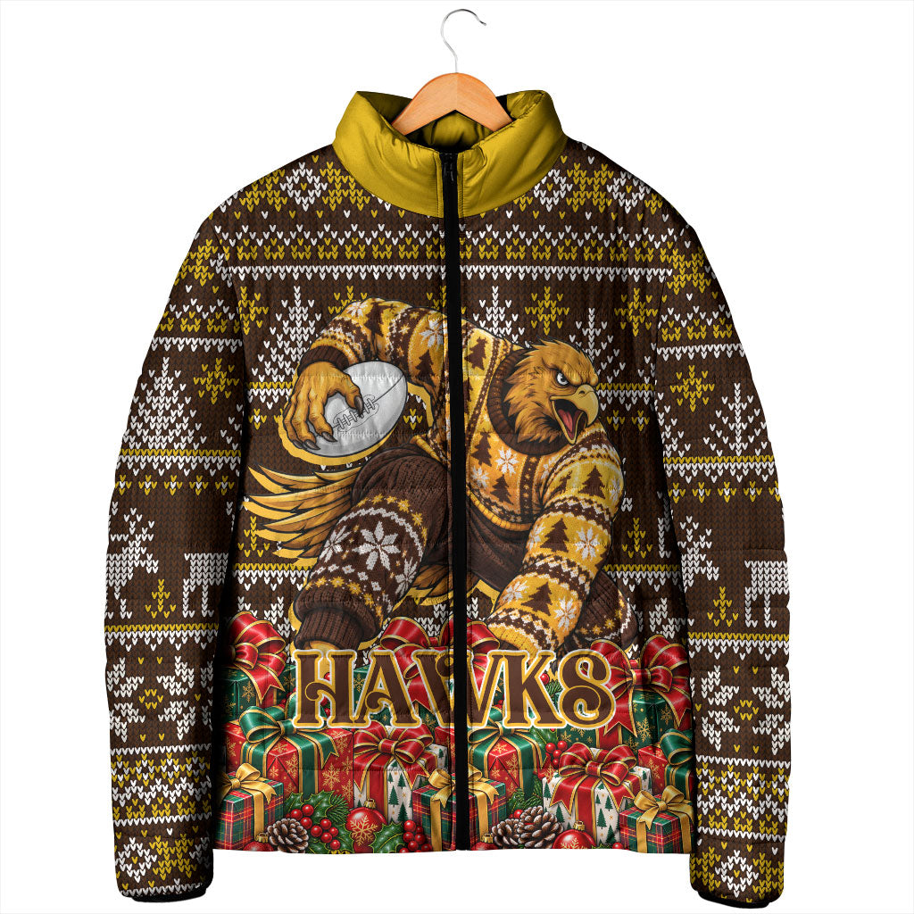 Personalized Hawks Football Christmas Padded Jacket Australian Football Mascot - Ugly Xmas Pattern Festive