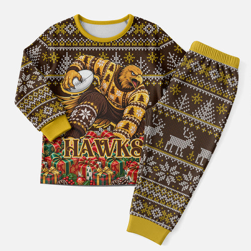 Personalized Hawks Football Christmas Pajama Set Australian Football Mascot - Ugly Xmas Pattern Festive