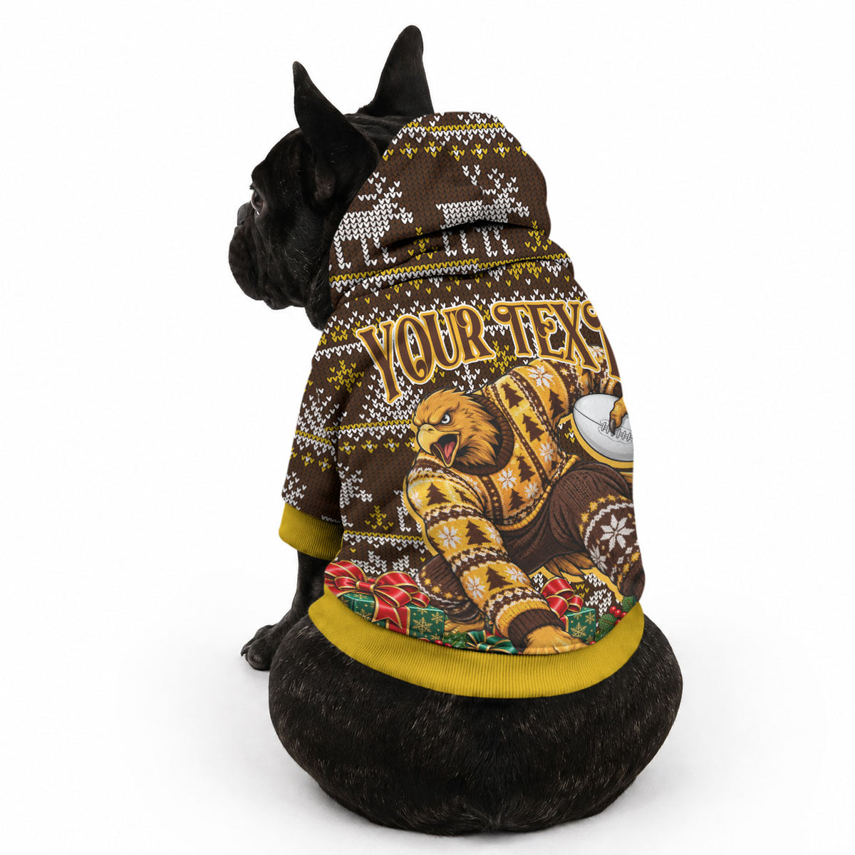 Personalized Hawks Football Christmas Pet Hoodie Australian Football Mascot - Ugly Xmas Pattern Festive