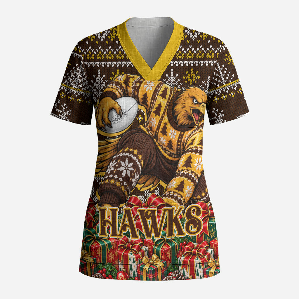 Personalized Hawks Football Christmas Scrub Top Australian Football Mascot - Ugly Xmas Pattern Festive