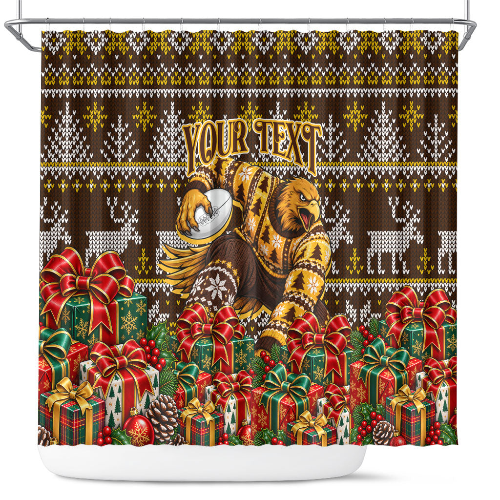 Personalized Hawks Football Christmas Shower Curtain Australian Football Mascot - Ugly Xmas Pattern Festive