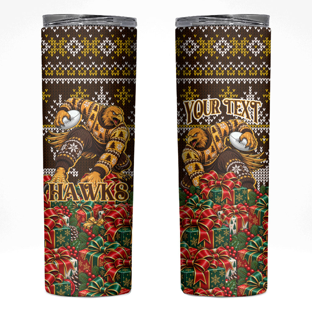 Personalized Hawks Football Christmas Skinny Tumbler Australian Football Mascot - Ugly Xmas Pattern Festive
