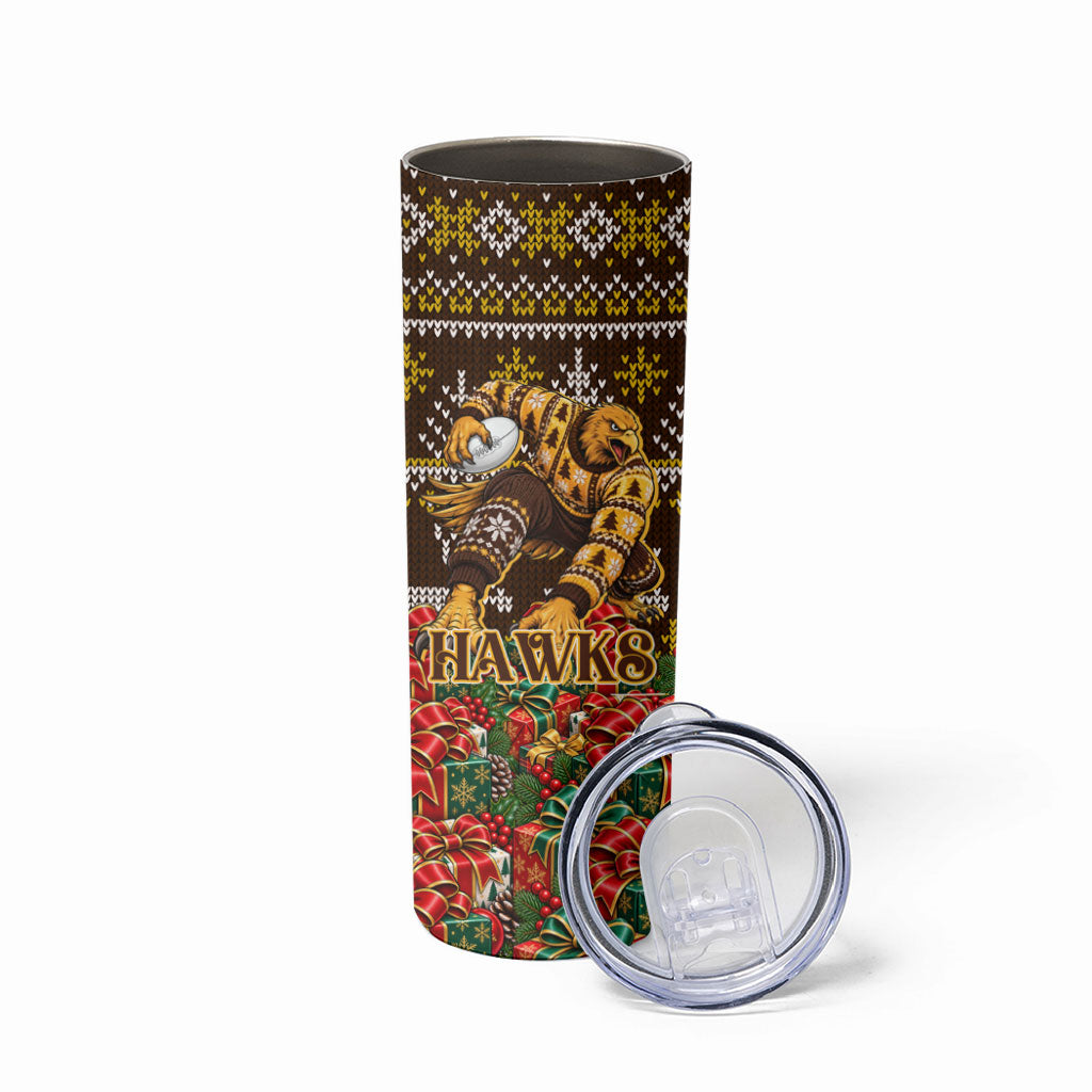 Personalized Hawks Football Christmas Skinny Tumbler Australian Football Mascot - Ugly Xmas Pattern Festive