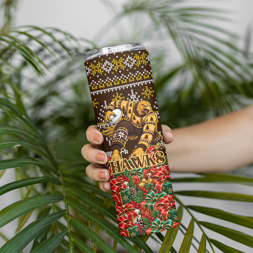 Personalized Hawks Football Christmas Skinny Tumbler Australian Football Mascot - Ugly Xmas Pattern Festive
