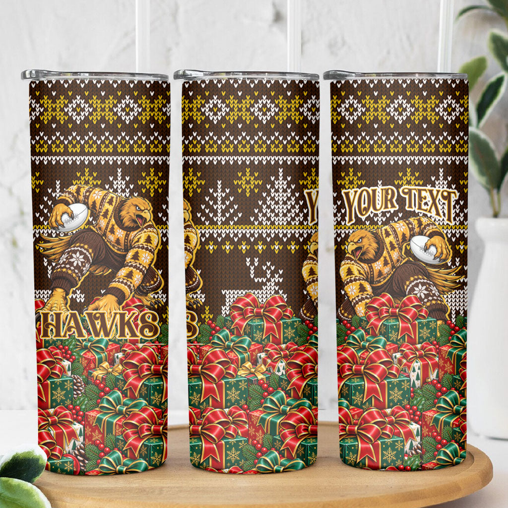 Personalized Hawks Football Christmas Skinny Tumbler Australian Football Mascot - Ugly Xmas Pattern Festive