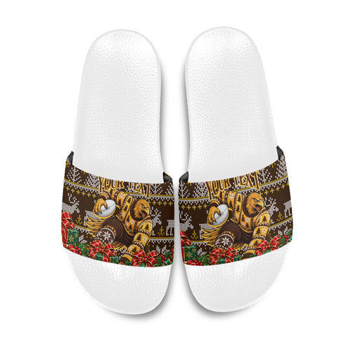 Personalized Hawks Football Christmas Slide Sandals Australian Football Mascot - Ugly Xmas Pattern Festive