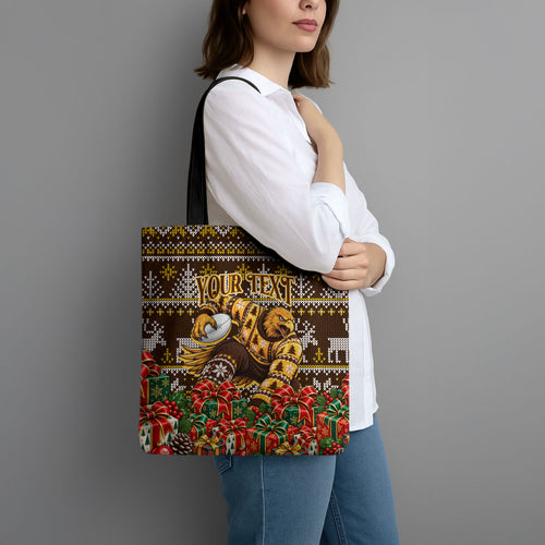 Personalized Hawks Football Christmas Tote Bag Australian Football Mascot - Ugly Xmas Pattern Festive
