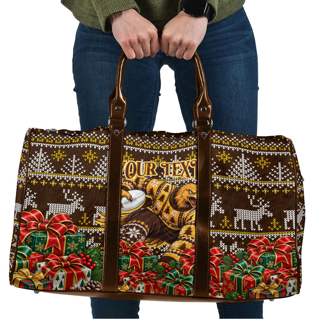 Personalized Hawks Football Christmas Travel Bag Australian Football Mascot - Ugly Xmas Pattern Festive