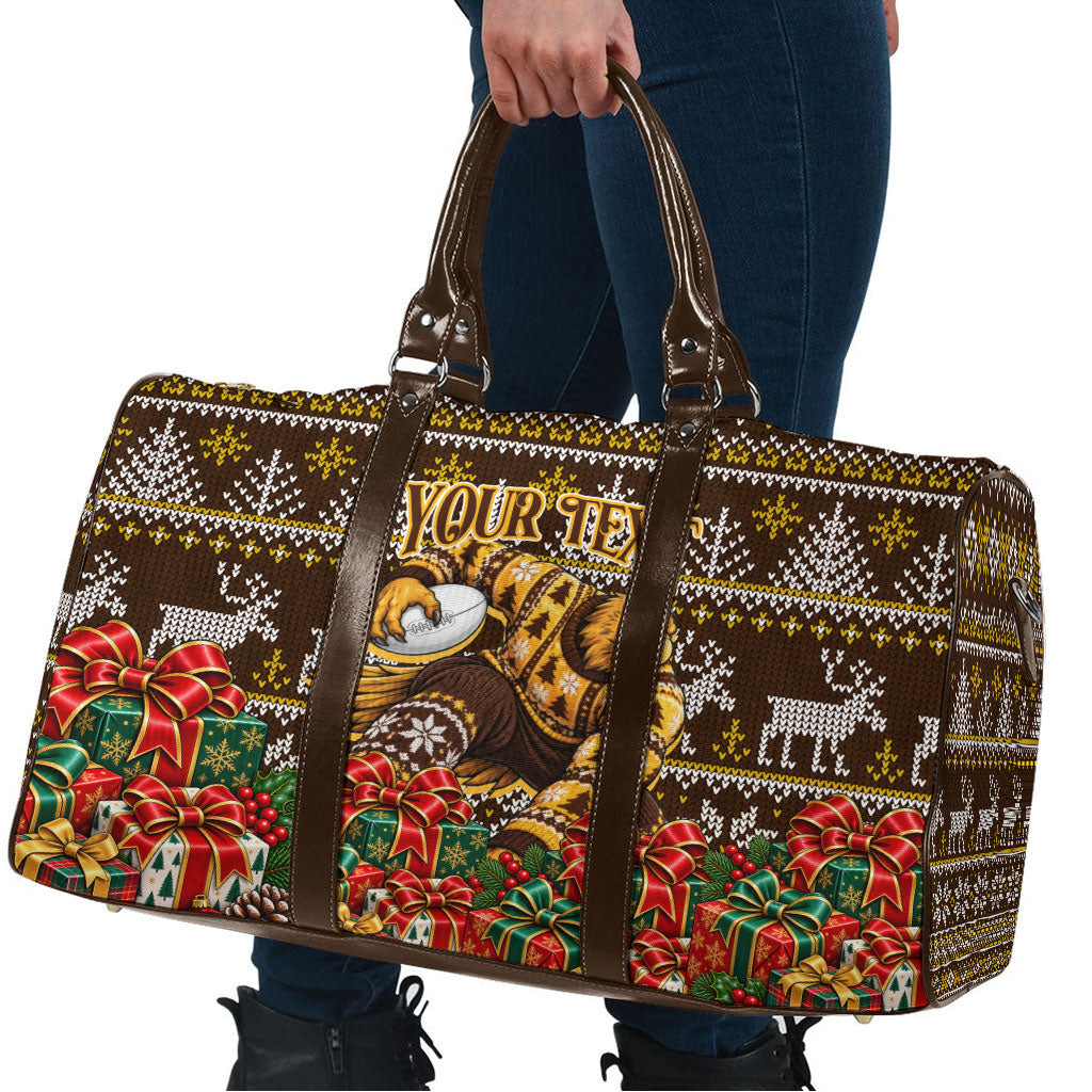 Personalized Hawks Football Christmas Travel Bag Australian Football Mascot - Ugly Xmas Pattern Festive