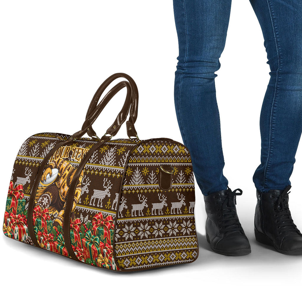 Personalized Hawks Football Christmas Travel Bag Australian Football Mascot - Ugly Xmas Pattern Festive