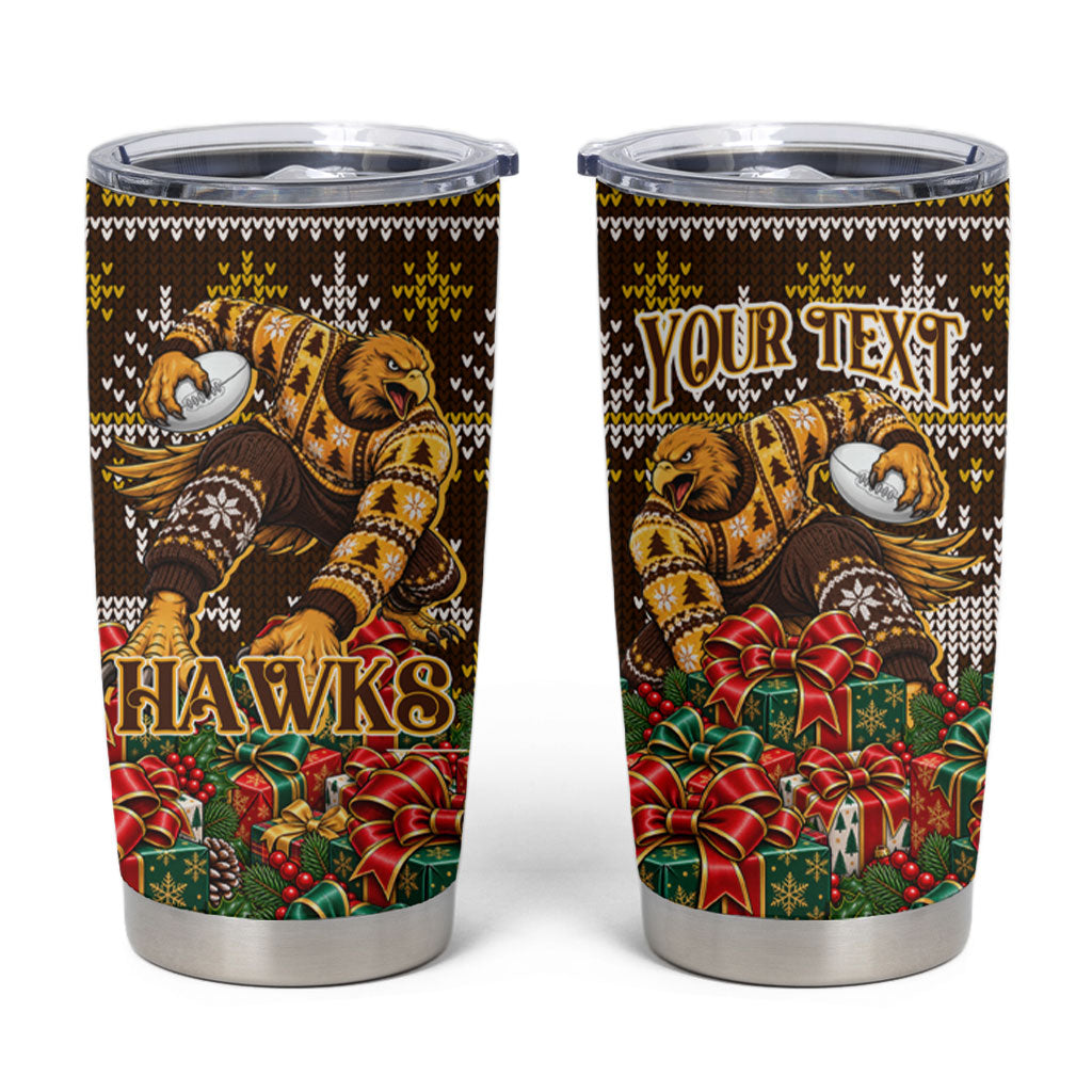 Personalized Hawks Football Christmas Tumbler Cup Australian Football Mascot - Ugly Xmas Pattern Festive