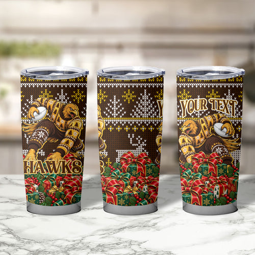 Personalized Hawks Football Christmas Tumbler Cup Australian Football Mascot - Ugly Xmas Pattern Festive