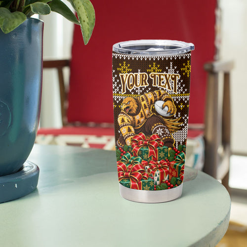 Personalized Hawks Football Christmas Tumbler Cup Australian Football Mascot - Ugly Xmas Pattern Festive