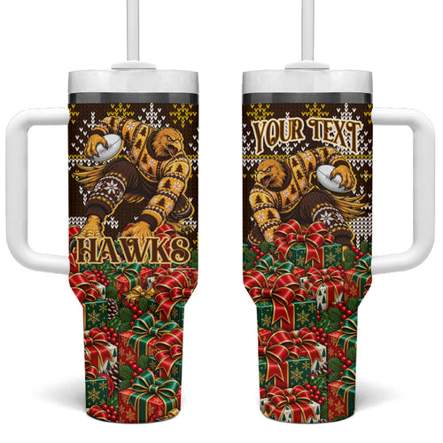 Personalized Hawks Football Christmas Tumbler With Handle Australian Football Mascot - Ugly Xmas Pattern Festive